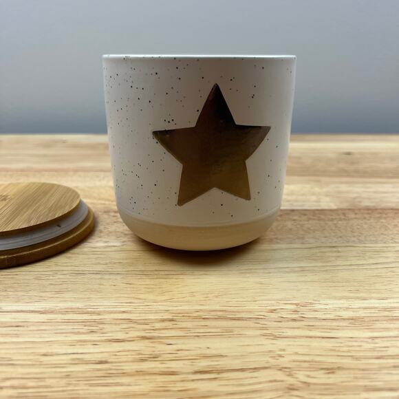 Speckled Ceramic Canister with Gold Star and Wood Lid - NWT - Picture 5 of 5